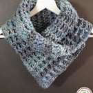 Chunky Waffle Neck Warmer. Cosy and Warm. Handmade Crochet. Blue, Grey, Silver.