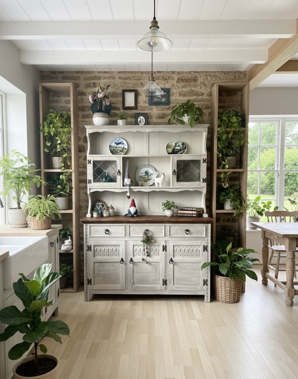 Vintage Jaycee Oak Dresser Whitewashed Farmhouse Hutch Hand-Painted Display