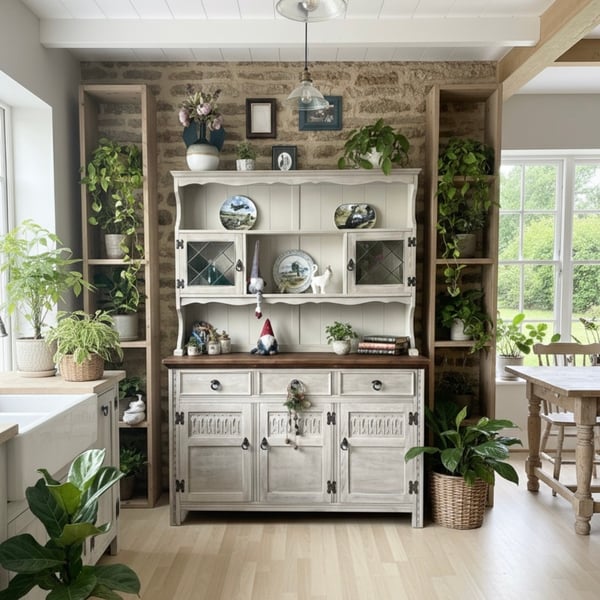 Vintage Jaycee Oak Dresser Whitewashed Farmhouse Hutch Hand-Painted Display