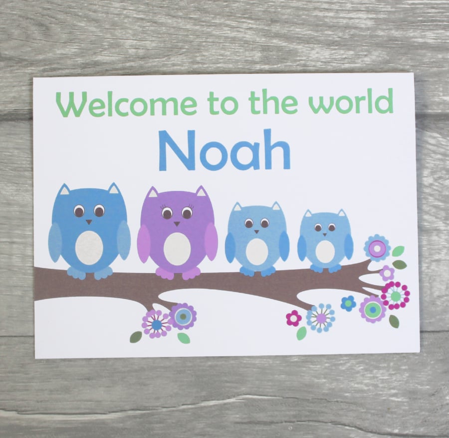 Personalised Owl New Baby Boy Card , Birth Congratulations Card, Twin Baby Card