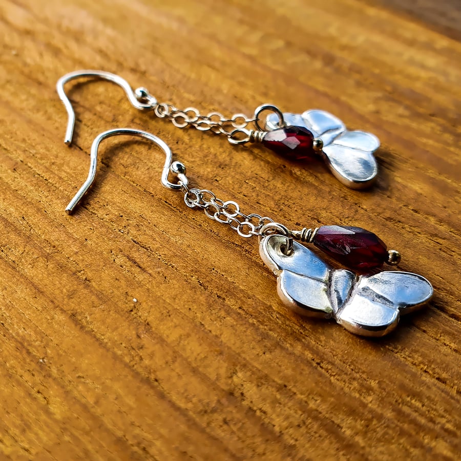 Fine Silver and Garnet Butterfly Earrings