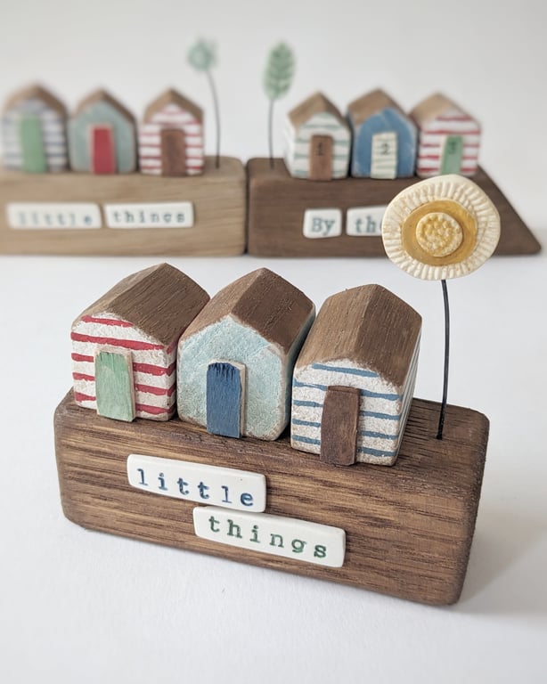 Little Painted Wooden Beach Huts with Clay Sunshine 'little things'
