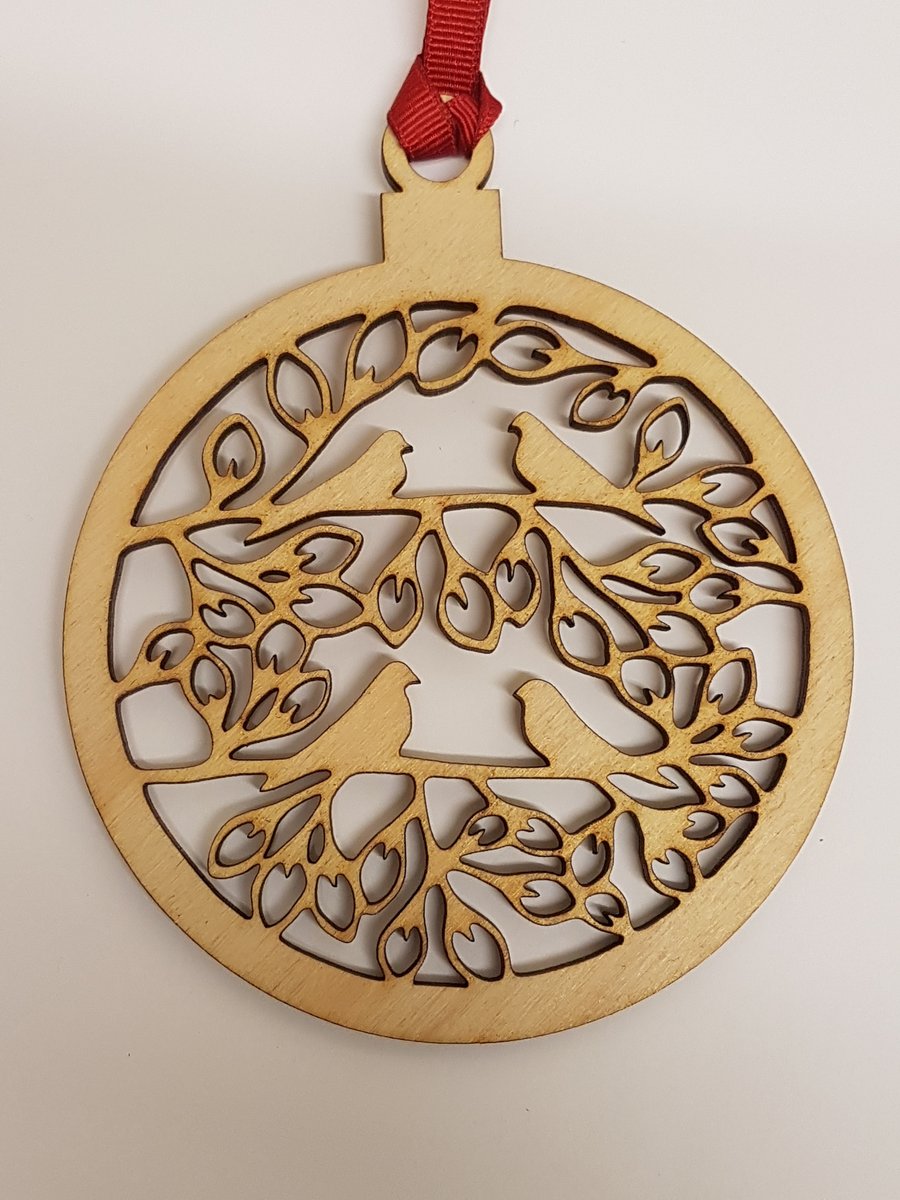 Birch Christmas Xmas Bauble 4 Birds on branches - Laser cut wooden shape
