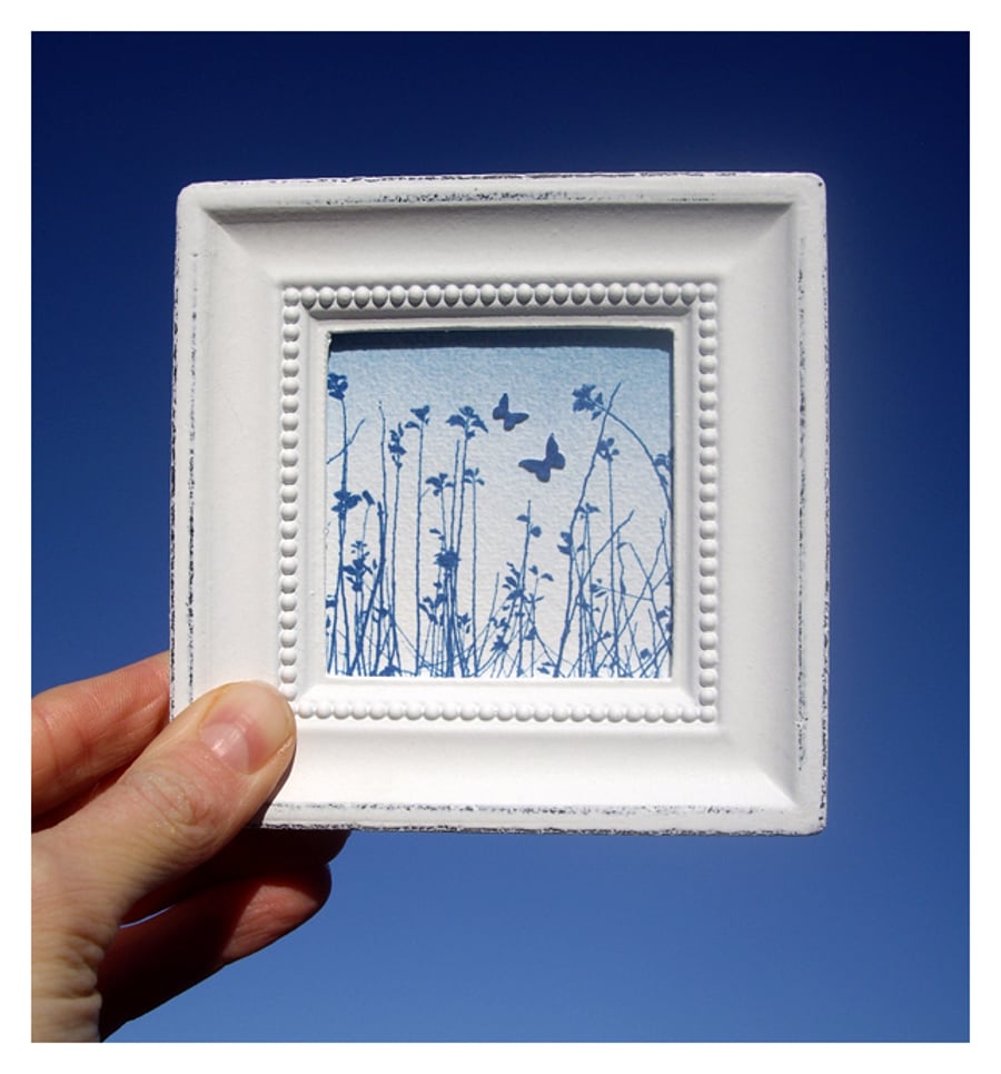 Little Blue Butterfly Meadow Cyanotype Framed 