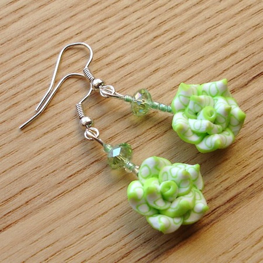 Green and White Polymer Clay FIMO Rose Earrings