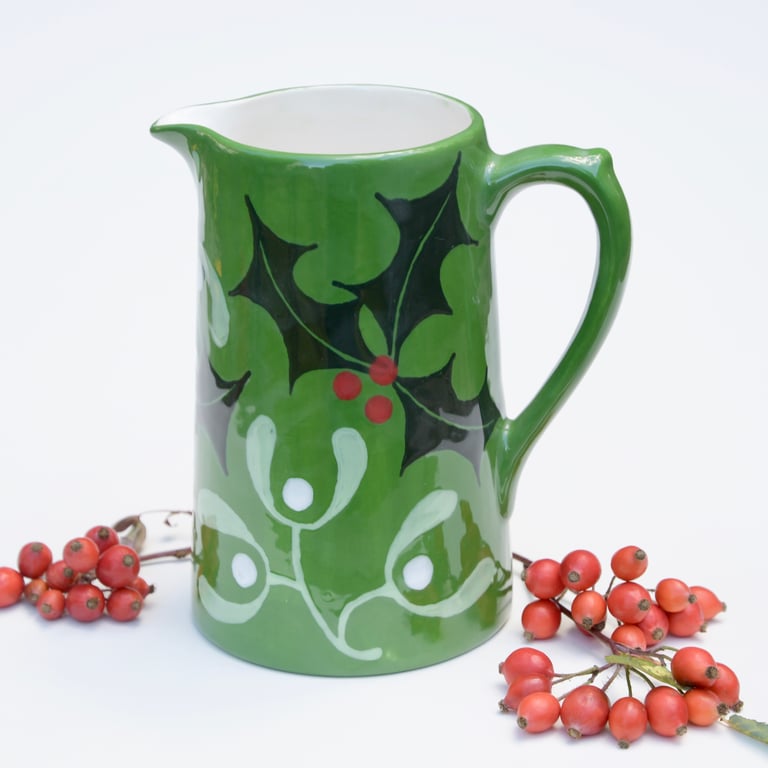 Christmas Holly and Mistletoe Farmhouse Jug - SALE - Hand Painted