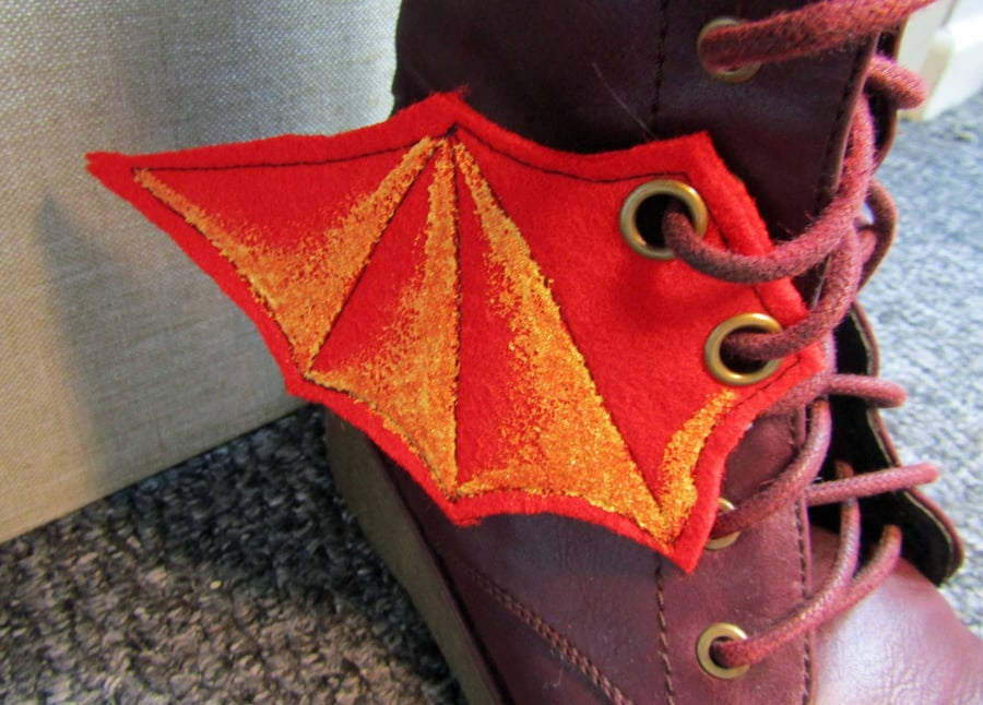 Steampunk Fabric Boot Wings Bat Wings Red Gold