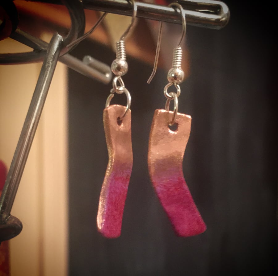 Handcrafted copper organic shaped enamelled earrings sterling silver hooks reds