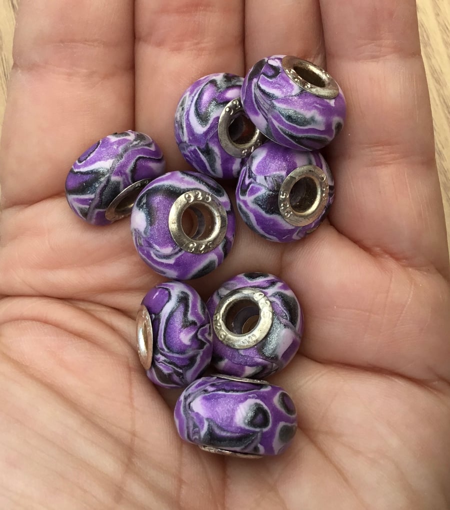 Set of 8 Large Aperture Beads. Polymer Clay Purple Swirls with 925 Centres.