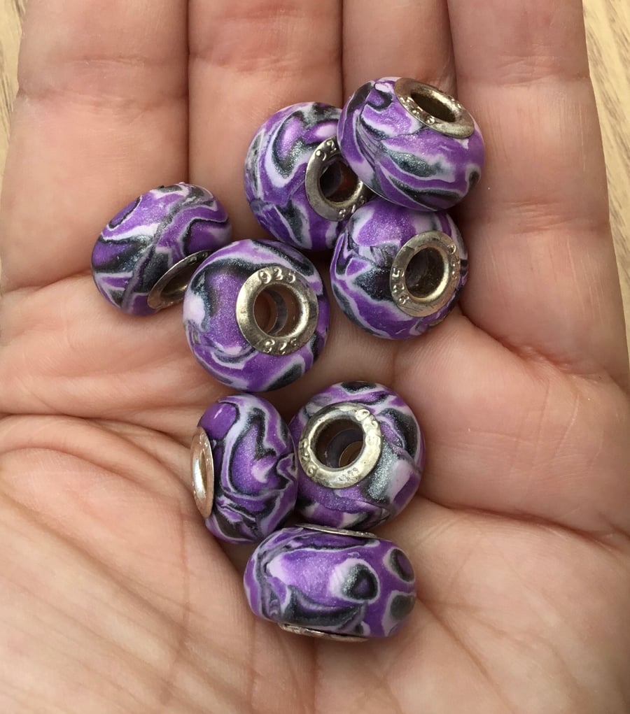 Set of 8 Large Aperture Beads. Polymer Clay Purple Swirls with 925 Centres.