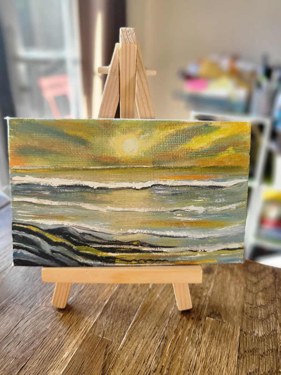 Original painting mini canvas board sunset seascape