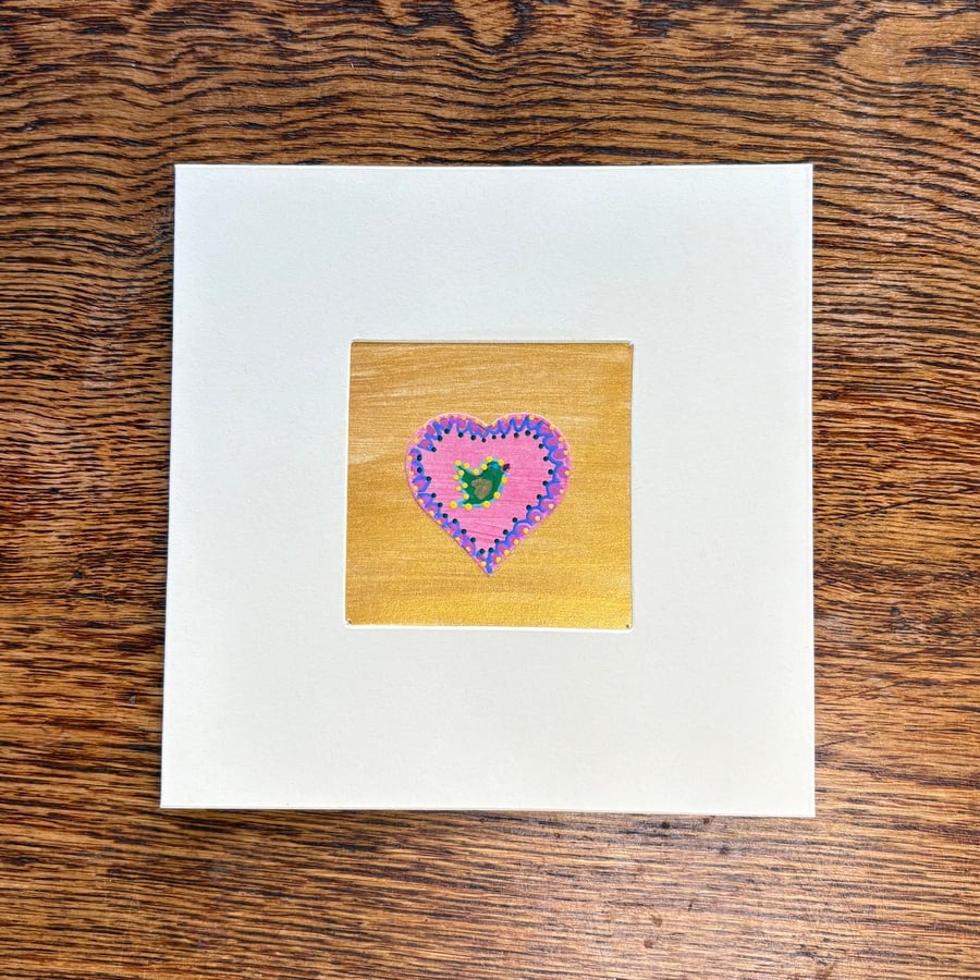 Hand painted collage card - ‘Small Heart and Bird No.2’