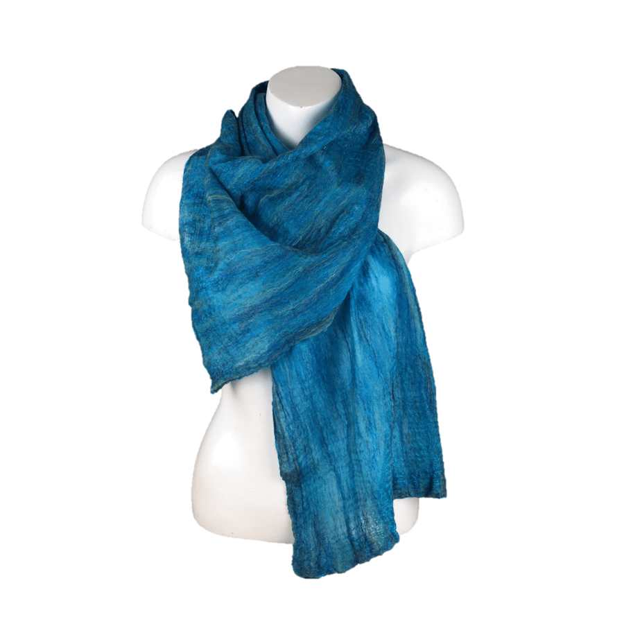 Womens fashion scarf, nuno felted merino wool and silk scarf in ocean blue green