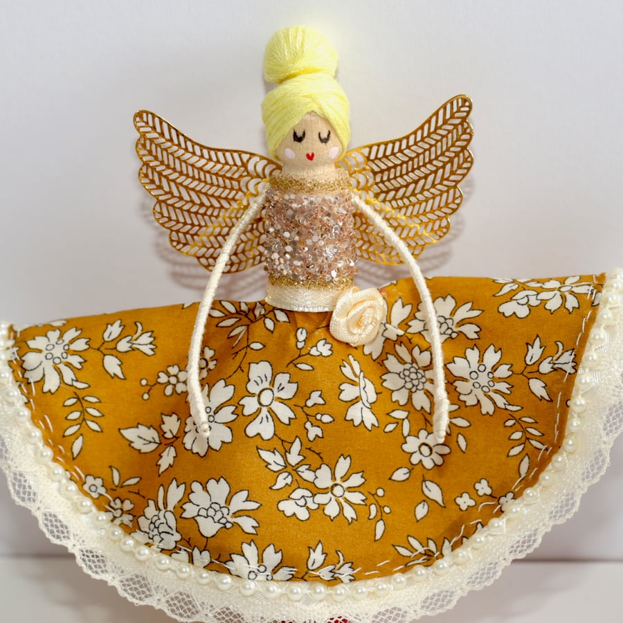 Liberty London 'Capel G' Fabric Handmade Peg Doll ( blonde hair)