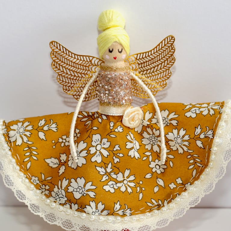 Liberty London 'Capel G' Fabric Handmade Peg Doll ( blonde hair)