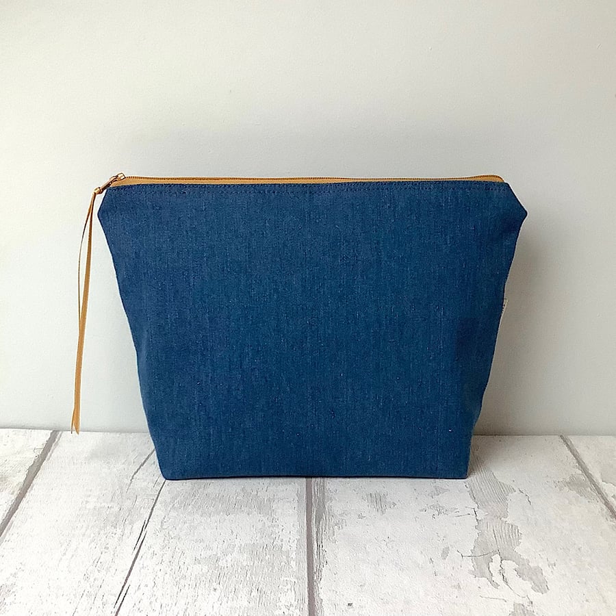 Mid Blue Denim Cosmetic Bag - Mustard Print Lining