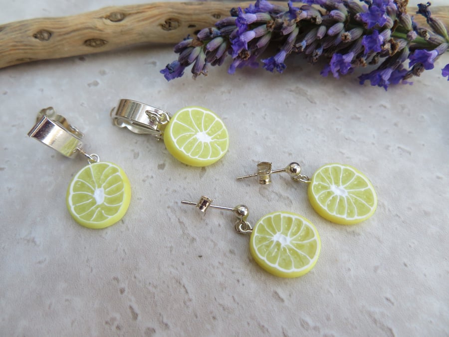 Juicy Miniature Lemon Slice Polymer Clay Earrings - Silver Studs or Clip-Ons