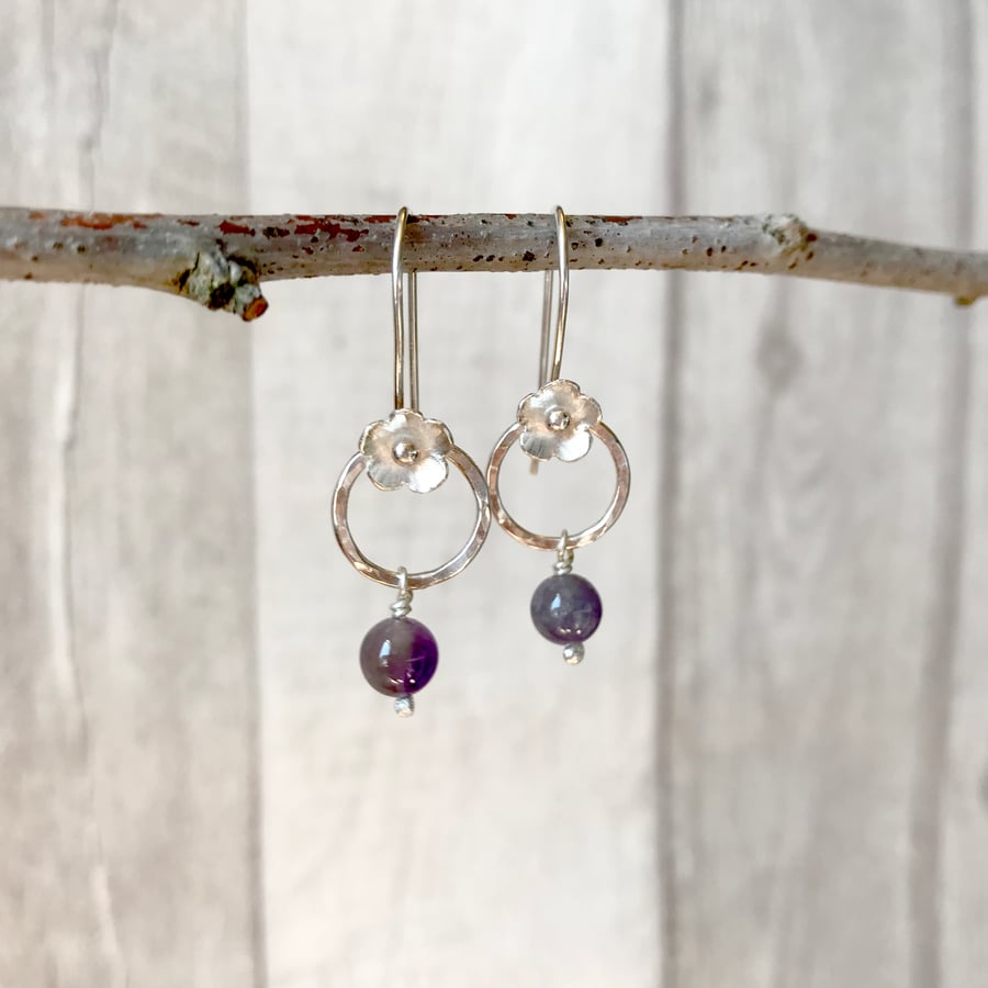 Amethyst and silver flower earrings
