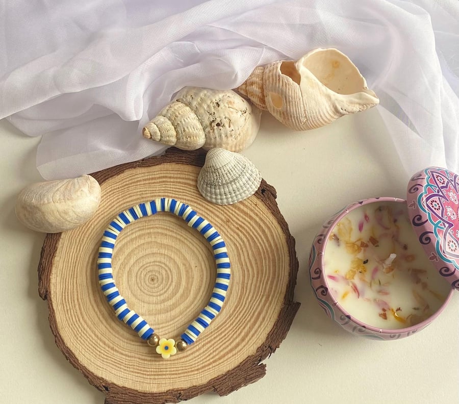 Blue Striped Clay Bead Bracelet Handmade Charm Stretch Bracelet