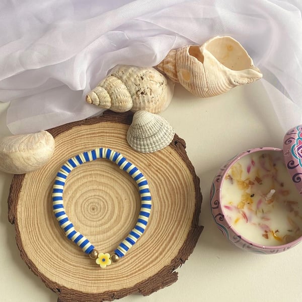 Blue Striped Clay Bead Bracelet Handmade Charm Stretch Bracelet