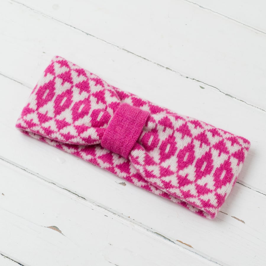 Bright mirror knitted headband - bubblegum pink and white