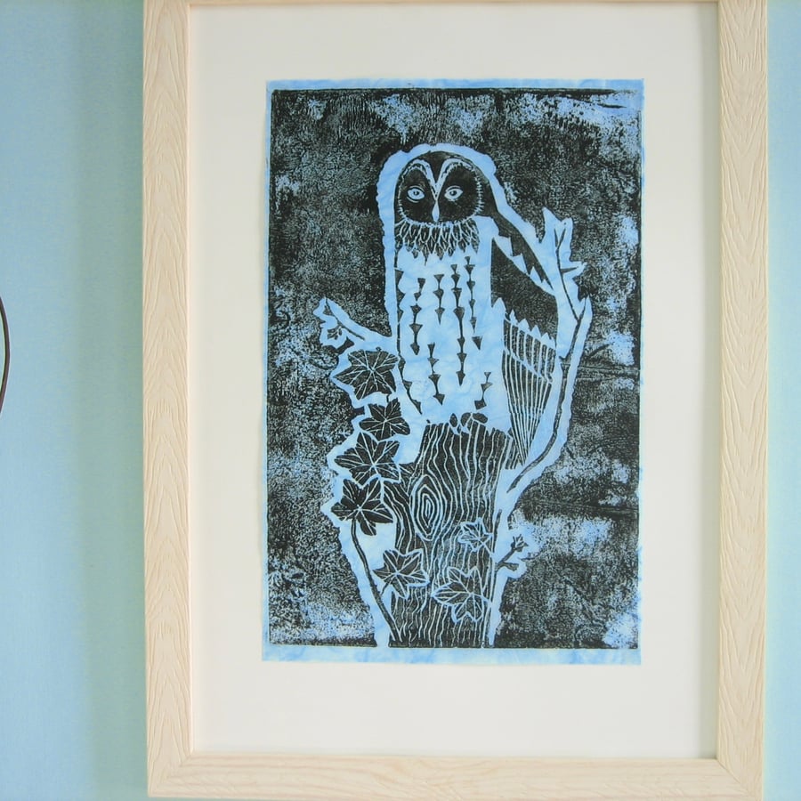 Owl Print on Handmade Paper, Black on Blue