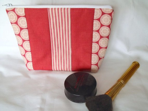 dark red striped zipped make up pouch, pencil case or crochet hook case