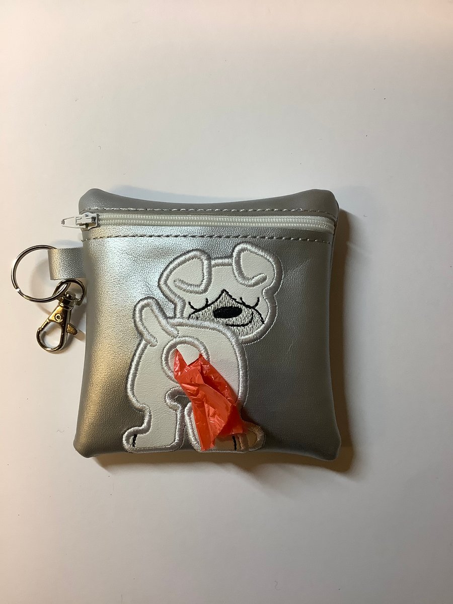 Embroidered Silver faux leather dog poo bag ,dog walking,