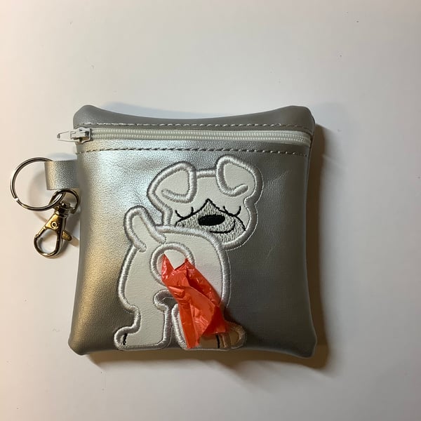 Embroidered Silver faux leather dog poo bag ,dog walking,