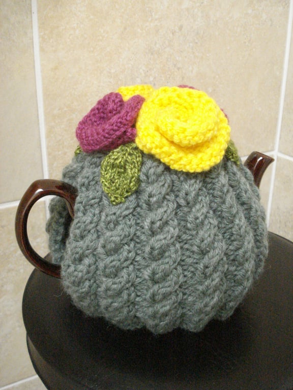 Hand Knitted Forest Green Cable With Roses And Leaves 4-6 Cup Tea Cosy