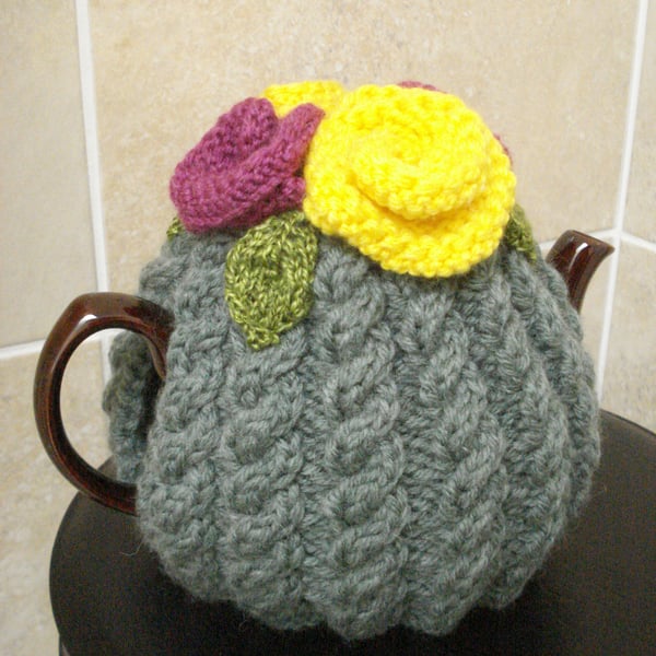 Hand Knitted Forest Green Cable With Roses And Leaves 4-6 Cup Tea Cosy