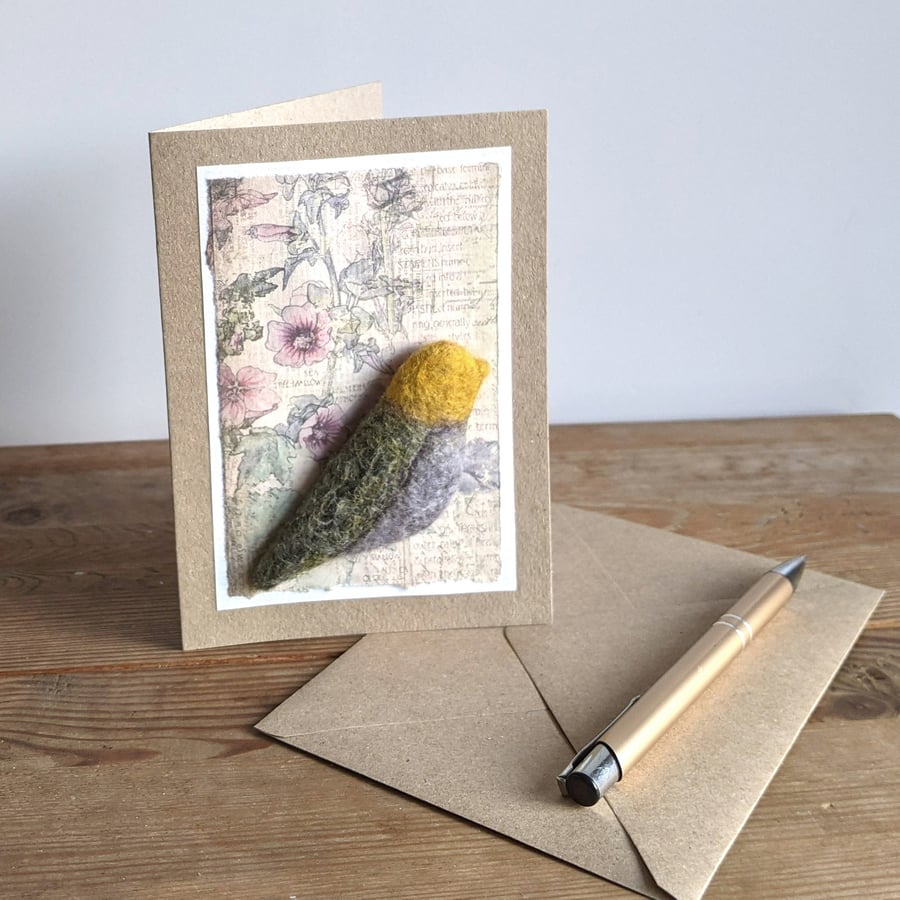 Brooch on a card - felted bird - yellow headed longtail