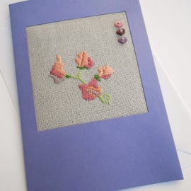 April Birthday Embroidered Sweet Pea Card.  .Easter. Mother's Day