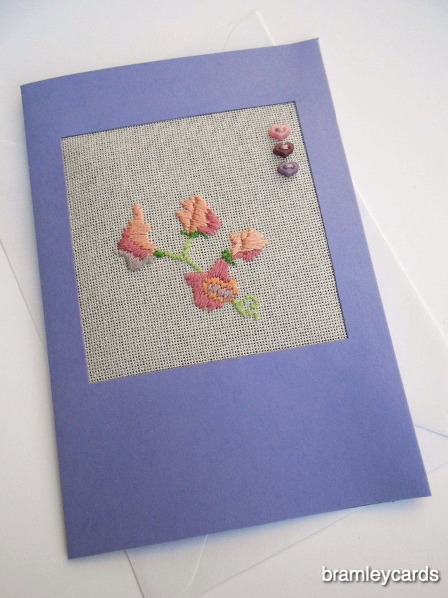 April Birthday Embroidered Sweet Pea Card.  .Easter. Mother's Day