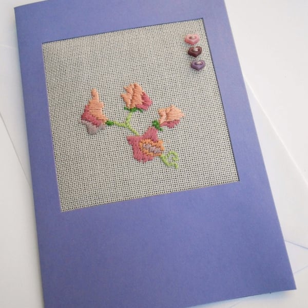 April Birthday Embroidered Sweet Pea Card.  .Easter. Mother's Day