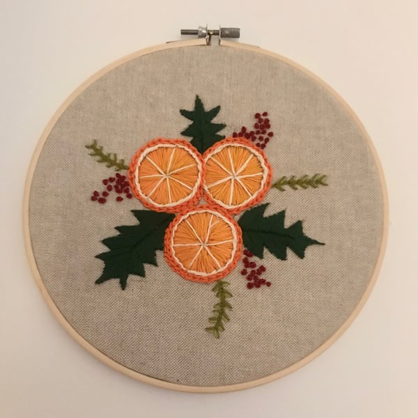 Seasonal dried oranges and leaves embroidered hoop