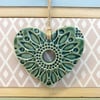 Small Ceramic heart hanging decoration Pottery Heart Folk art Emerald