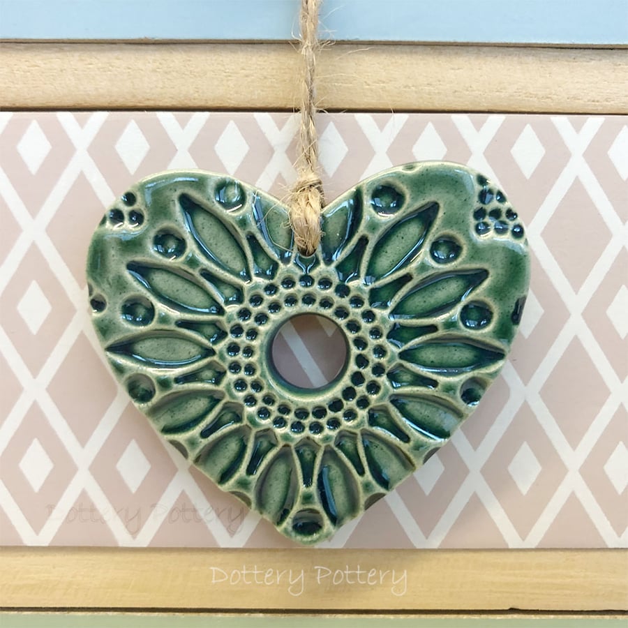 Small Ceramic heart hanging decoration Pottery Heart Folk art Emerald