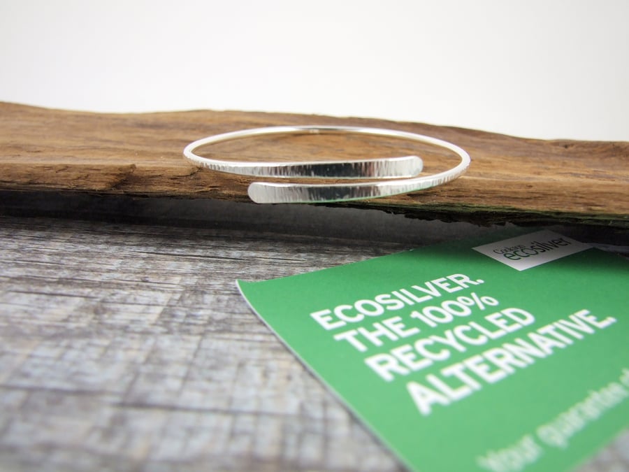 Recycled EcoSilver Simple Line Textured  Bangle, Adjustable Fit, Wrap Bracelet