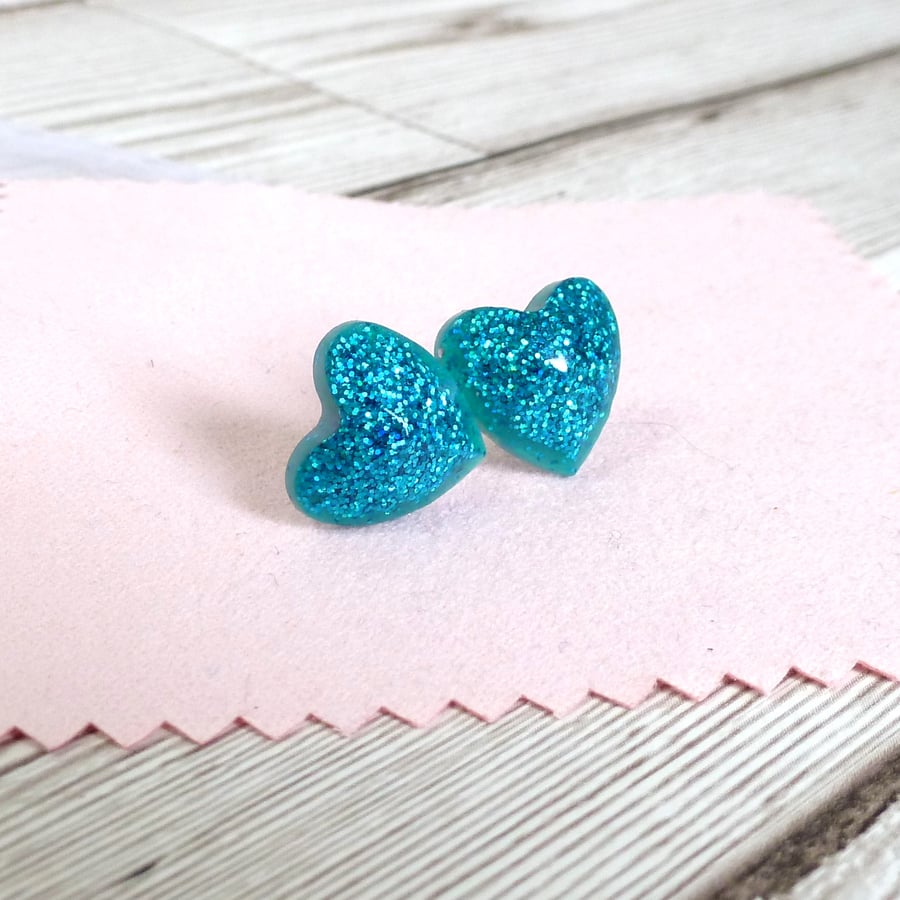 Turquoise sparkly heart studs, bright glitter resin earrings for women