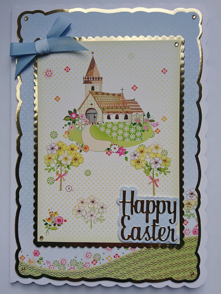 Easter Card Happy Easter Village Church with Spring Flowers