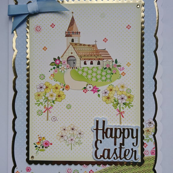 Easter Card Happy Easter Village Church with Spring Flowers