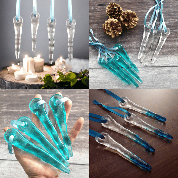 Handmade Fused Glass Icicles - Set of 4 - Hanging Christmas Tree Decoration