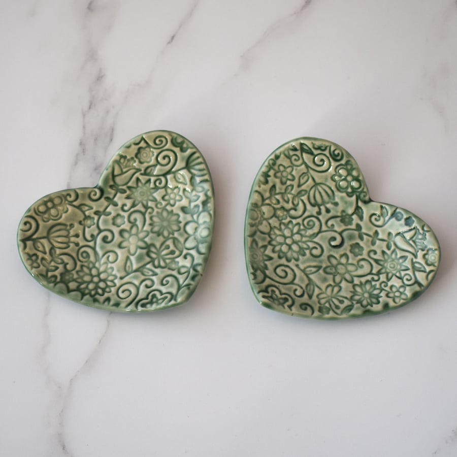 Pair of small heart shaped textured trinket dishes