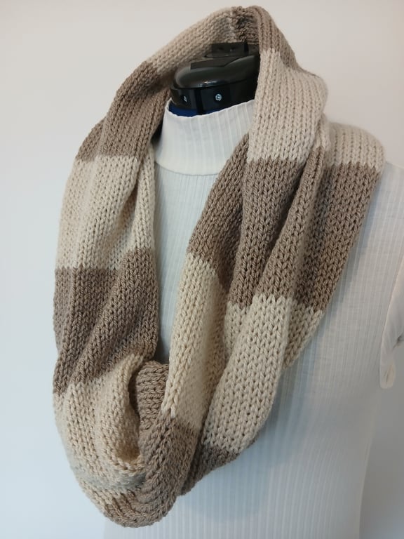 Knitted sttiped cream and brown infinity scarf cowl