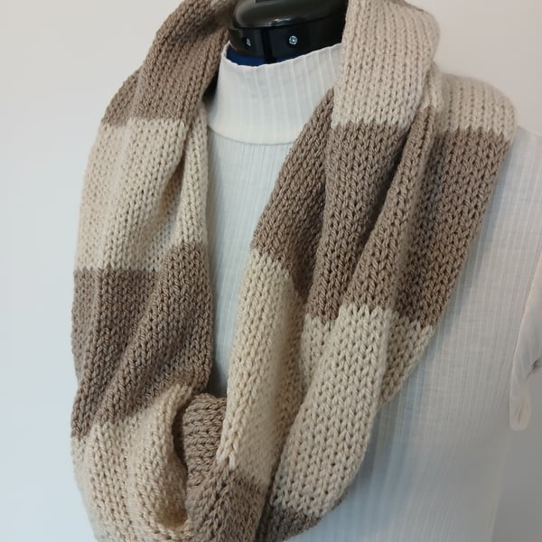 Knitted sttiped cream and brown infinity scarf cowl