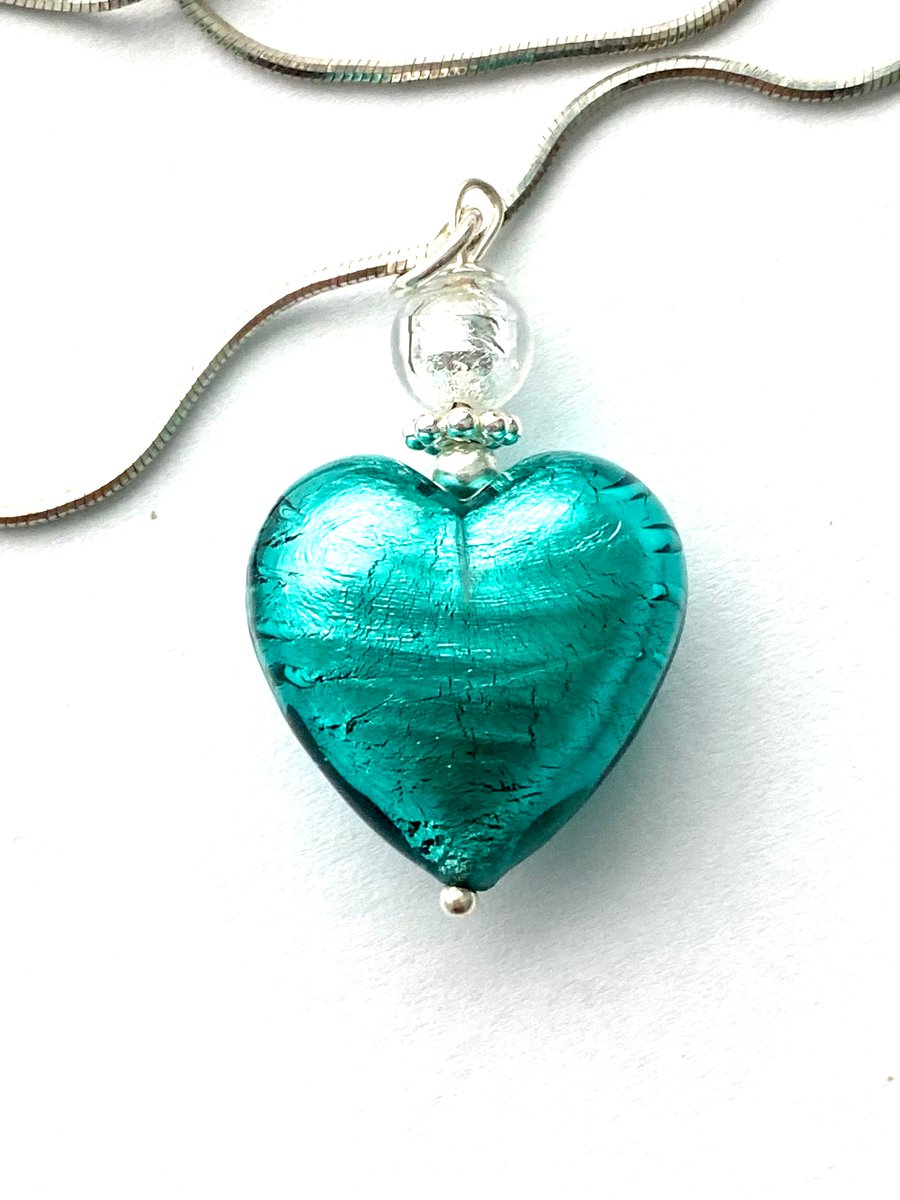 Murano glass green heart pendant with Swarovski and silver chain.