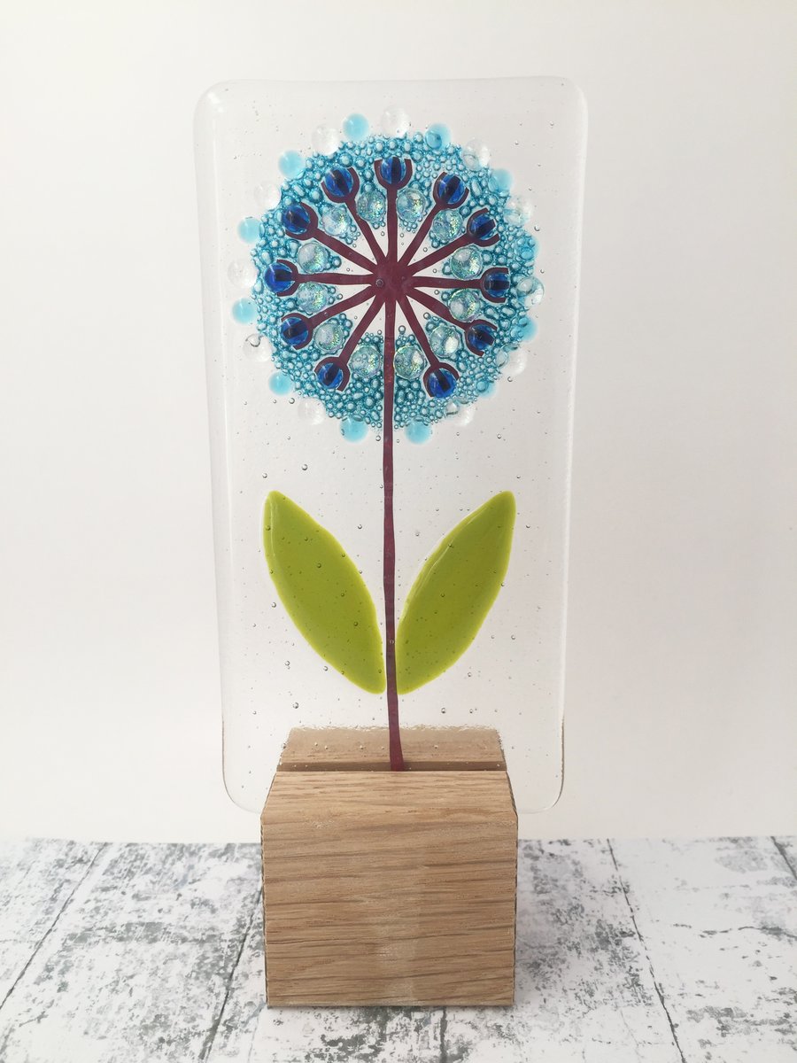 Fused Glass Flower on Oak 1