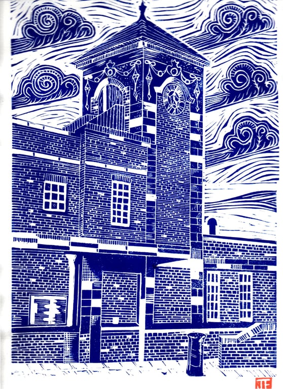 Nuneaton Railway Station Clock Tower by John Freeman, prussian blue
