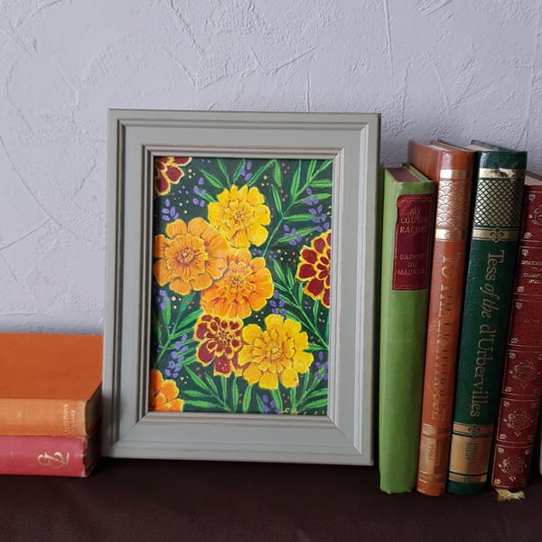 Marigold October Flower framed original artwork 